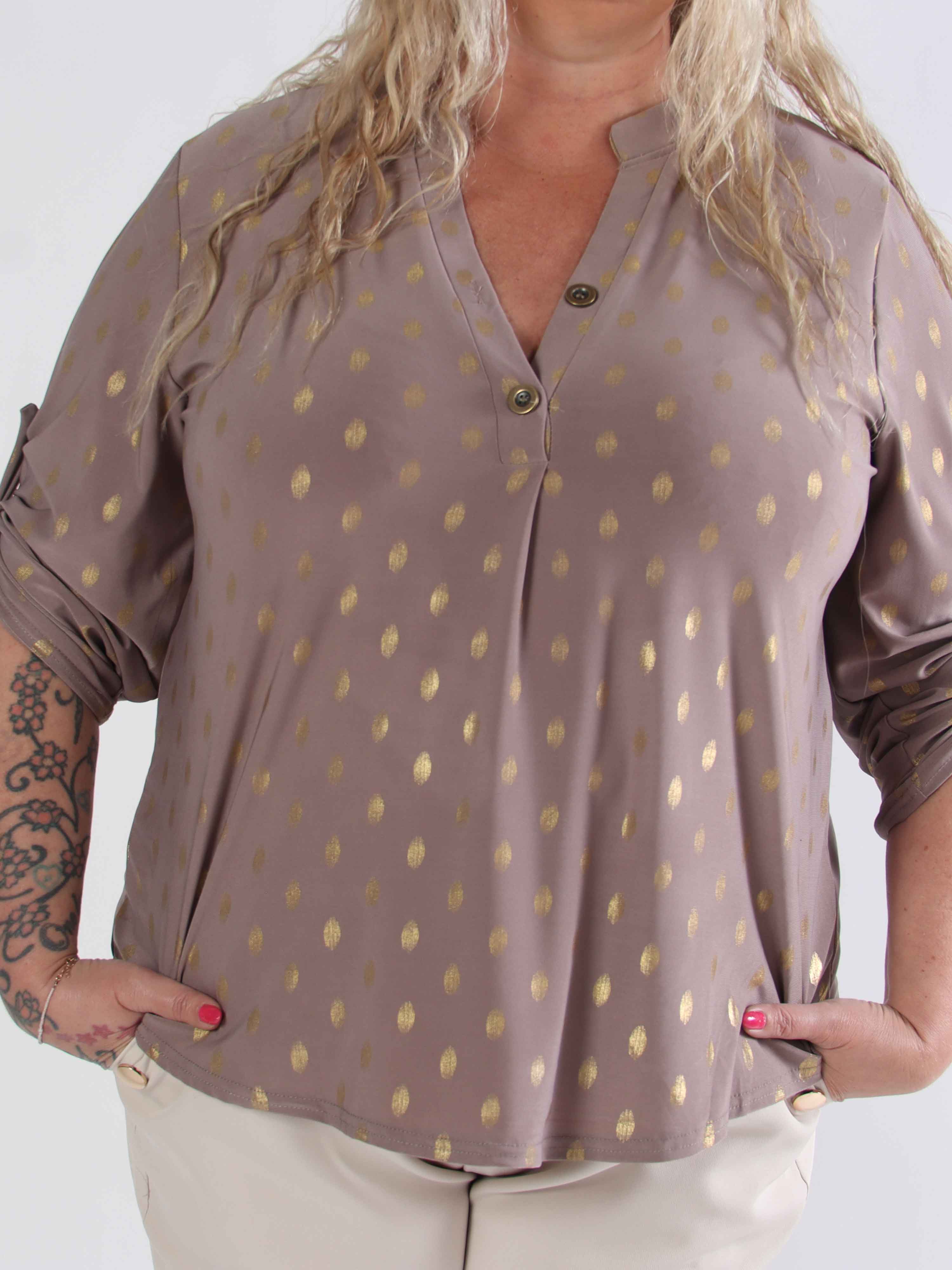 Ebba Gold Shirt - Elastisk plus size blus med guld prickar